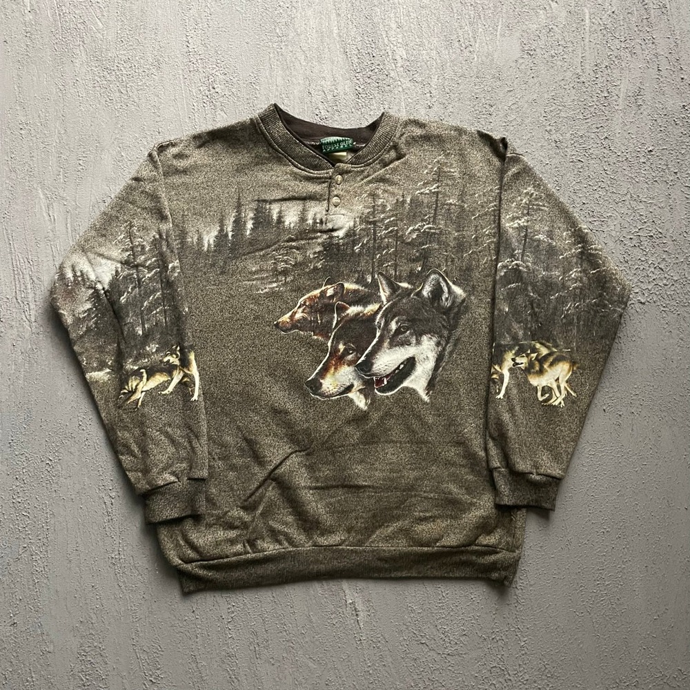 Vintage Wolf Nature Graphic Henley Sweatshirt Mens XL Brown 90s Forest Glen